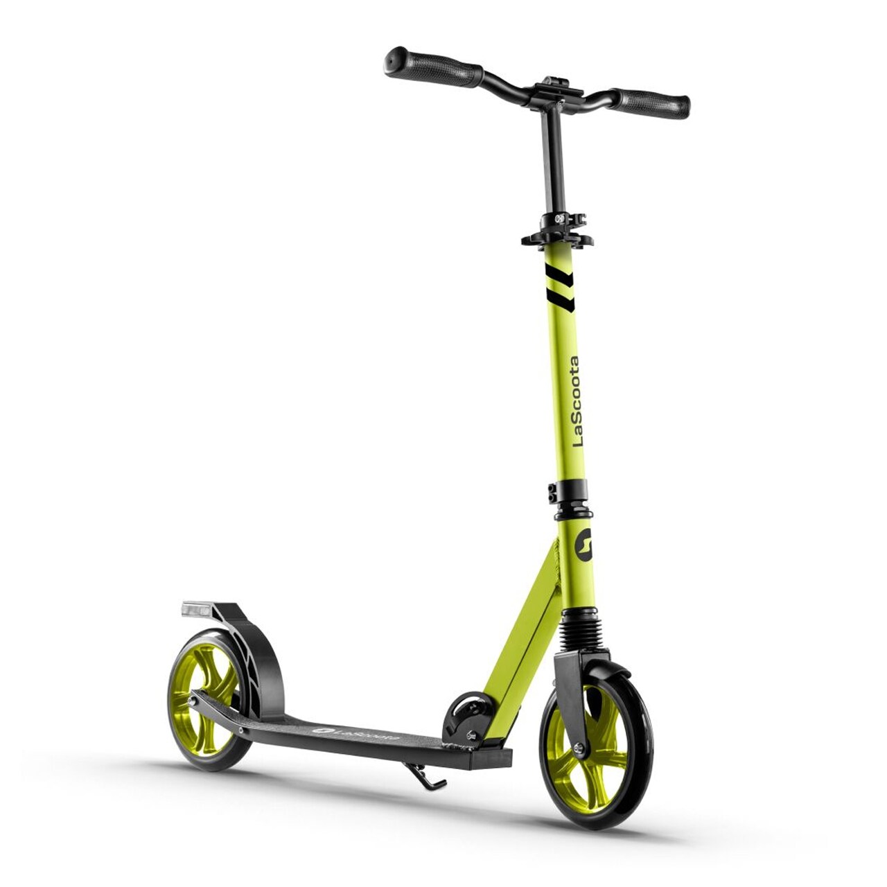 Lascoota Aluminum Kick Scooter - Foldable Adult Scooter with Front Suspension - Youth Ride with Handlebars & Rear Brake - Teen Ride - Neon Green, 8-Inch Wheels, 220-lb Max